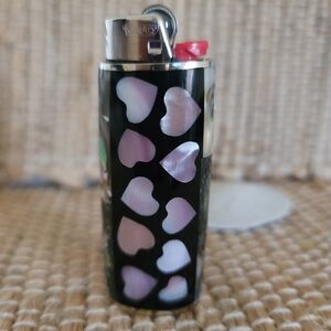 Double-Sided Lighter Case-Pink Hearts & Polka Dots with Real Shell Inlay